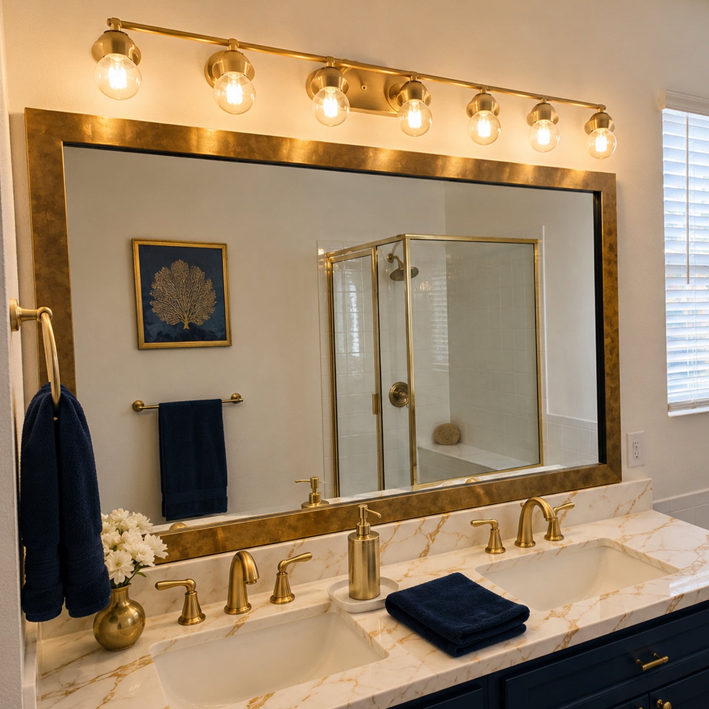 French Quarter Designer Gold MirrorMate frame above a navy double bathroom vanity