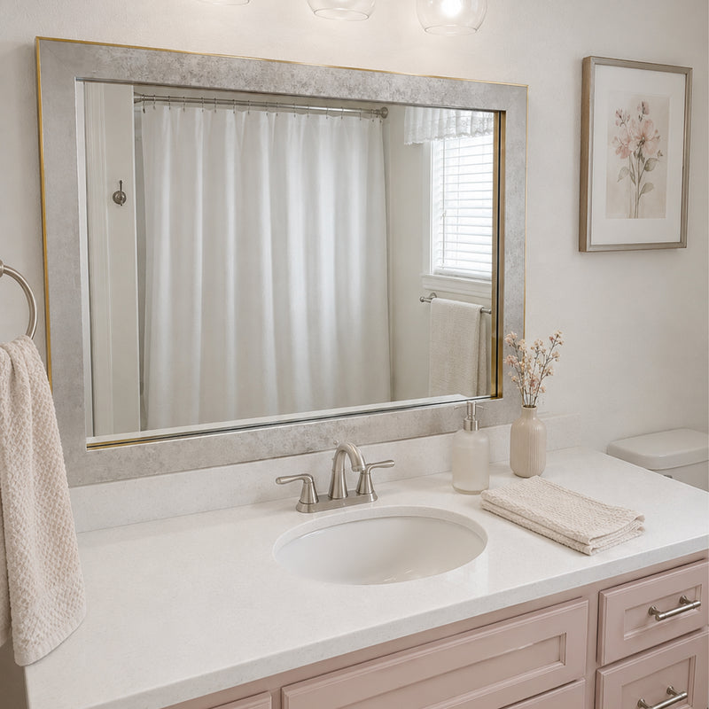 French Quarter Vintage Platinum MirrorMate frame above a blush single bathroom vanity