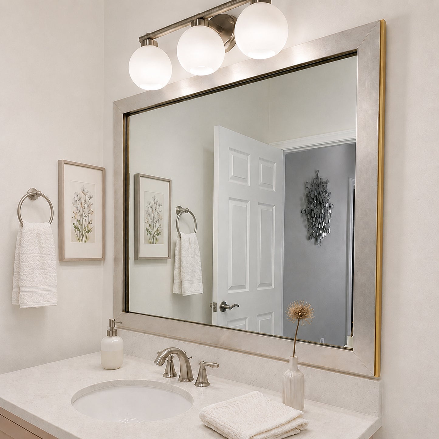 French Quarter Vintage Platinum MirrorMate frame above a white single bathroom vanity