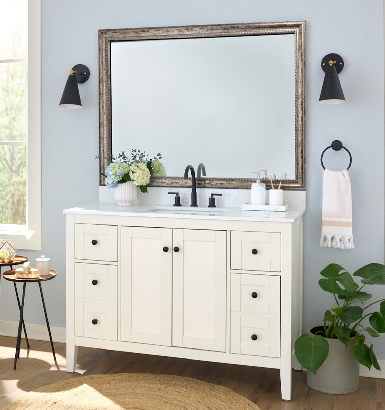 Grandezza Aged Silver MirrorMate frame on a bathroom vanity mirror