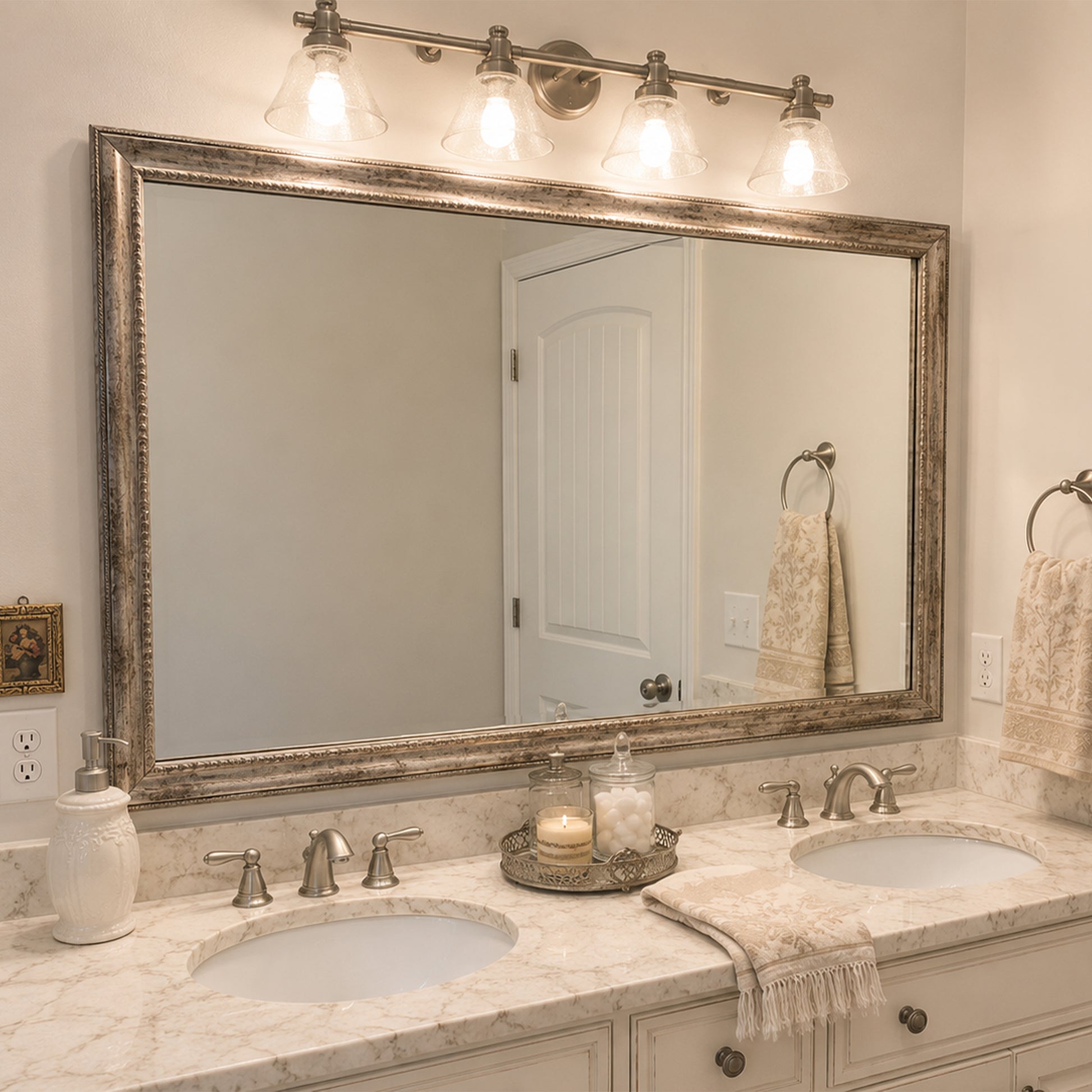 Grandezza Aged Silver MirrorMate frame above a distressed cream double bathroom vanity