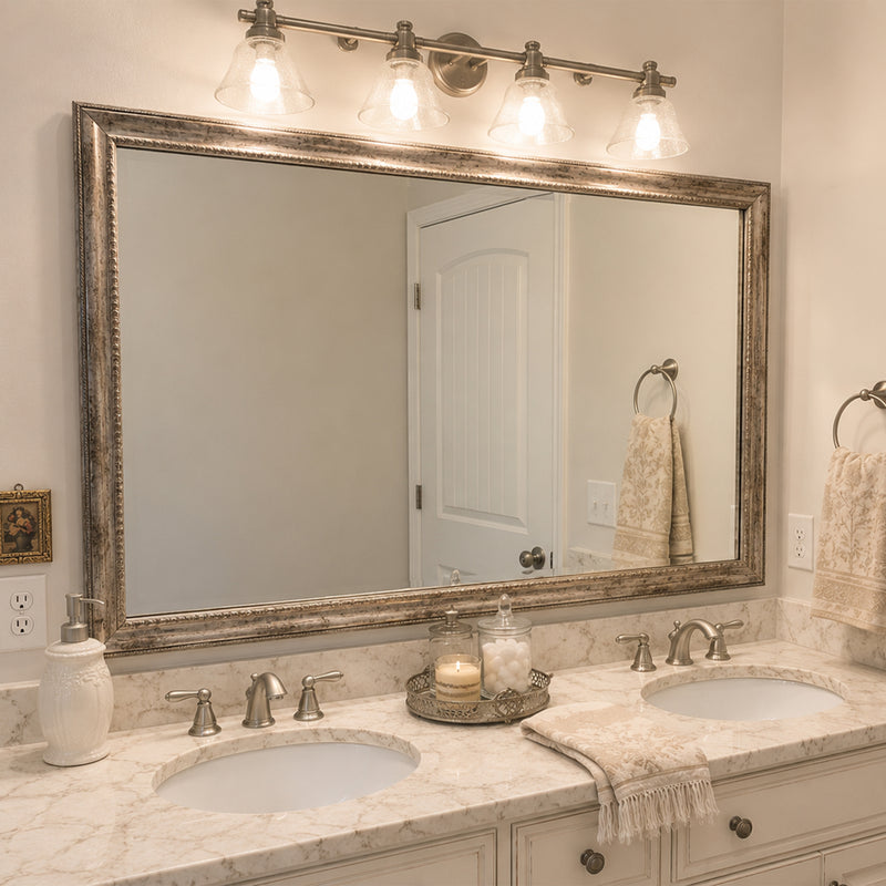 Grandezza Aged Silver MirrorMate frame above a distressed cream double bathroom vanity