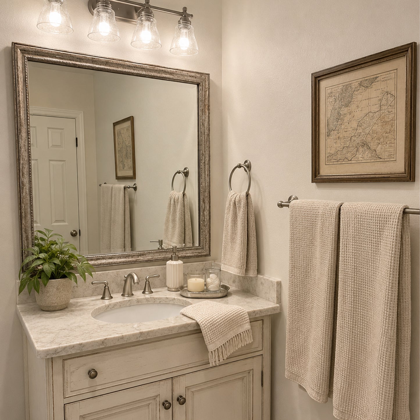 Grandezza Aged Silver MirrorMate frame above a distressed cream single bathroom vanity