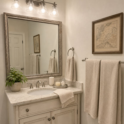 Grandezza Aged Silver MirrorMate frame above a distressed cream single bathroom vanity