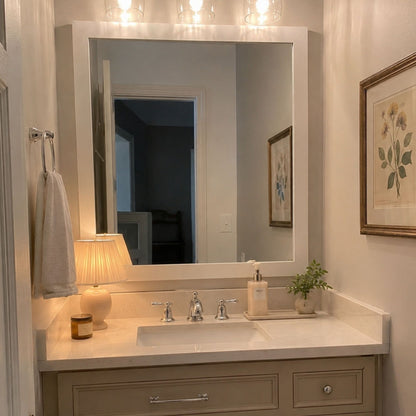 Highline Bright White Slim MirrorMate frame above a single bathroom vanity