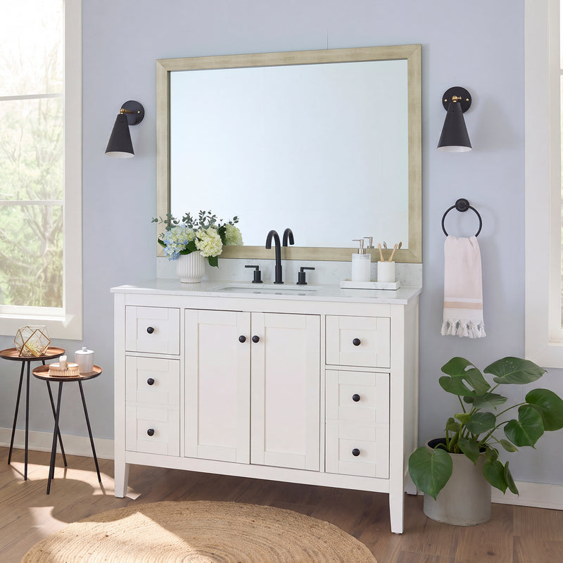 Highline Champagne Gold Slim MirrorMate frame on a bathroom vanity mirror