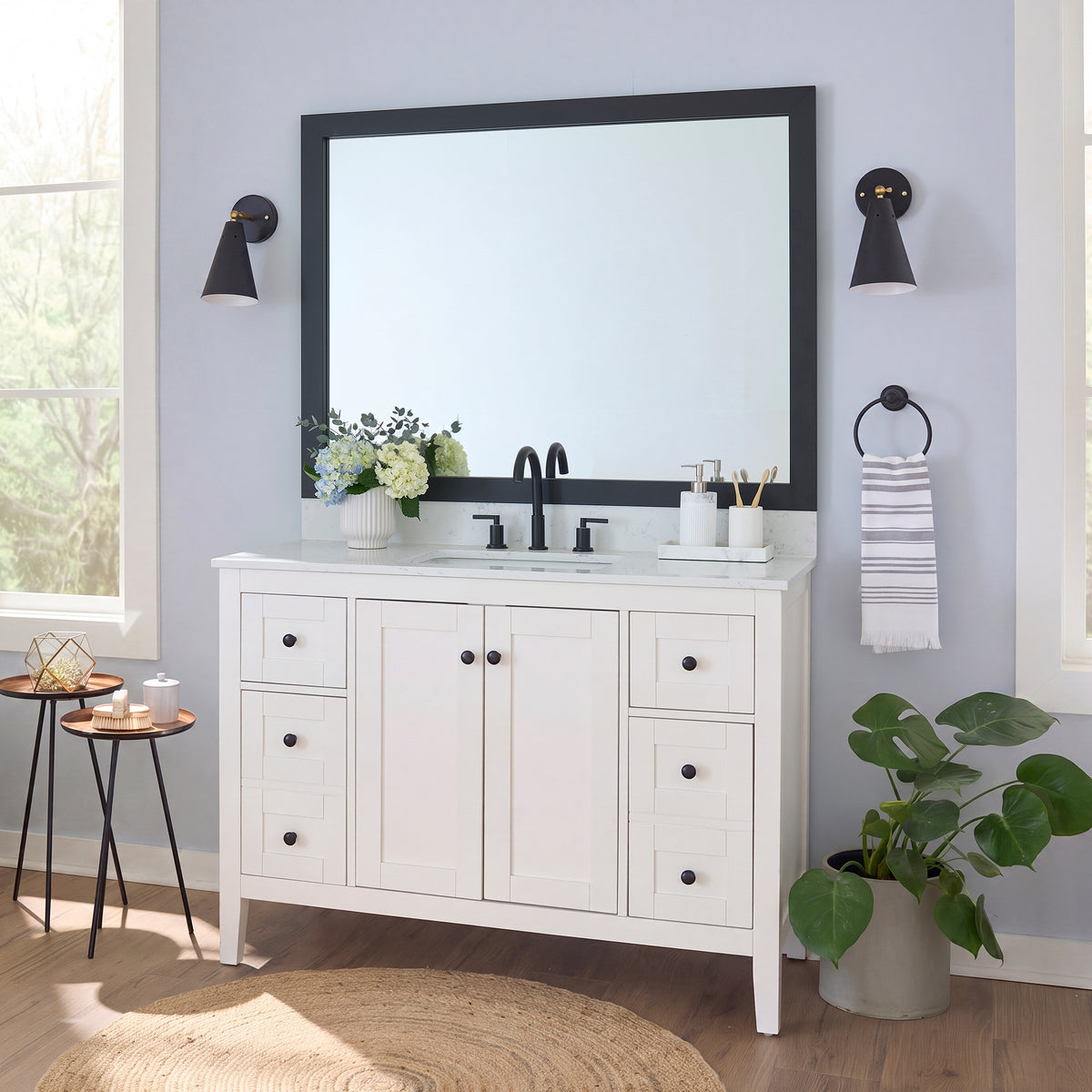 Highline Midnight Black Slim MirrorMate frame on a bathroom vanity mirror