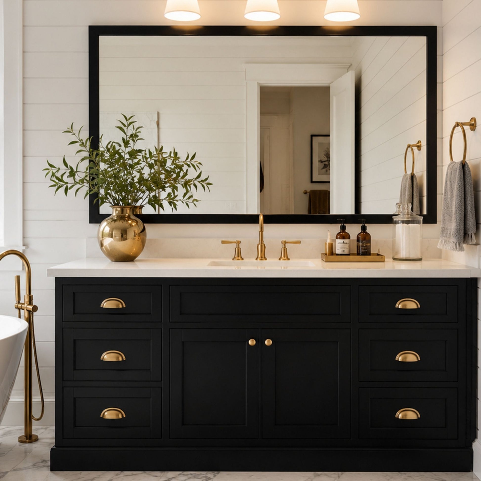 Highline Midnight Black Slim MirrorMate bathroom mirror frame above a black vanity