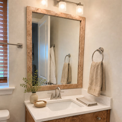 Highline Natural Burlwood Slim MirrorMate bathroom mirror frame above a single vanity in a warm neutral bathroom