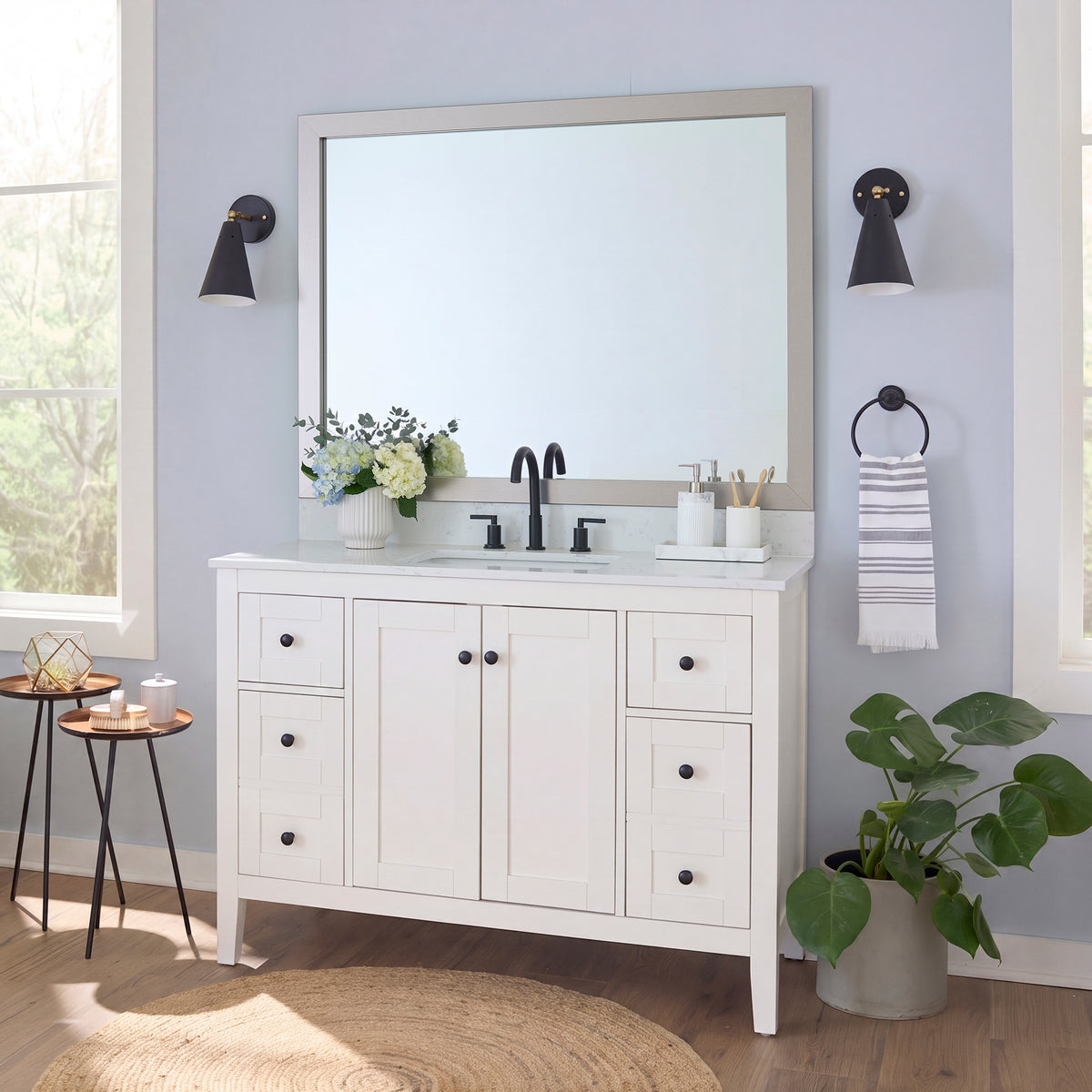 Highline Satin Nickel Slim MirrorMate frame on a bathroom vanity mirror