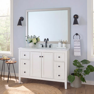 Highline Satin Nickel Slim MirrorMate frame on a bathroom vanity mirror