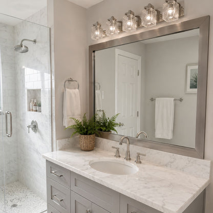 Highline Satin Nickel Slim MirrorMate bathroom mirror frame above a single vanity