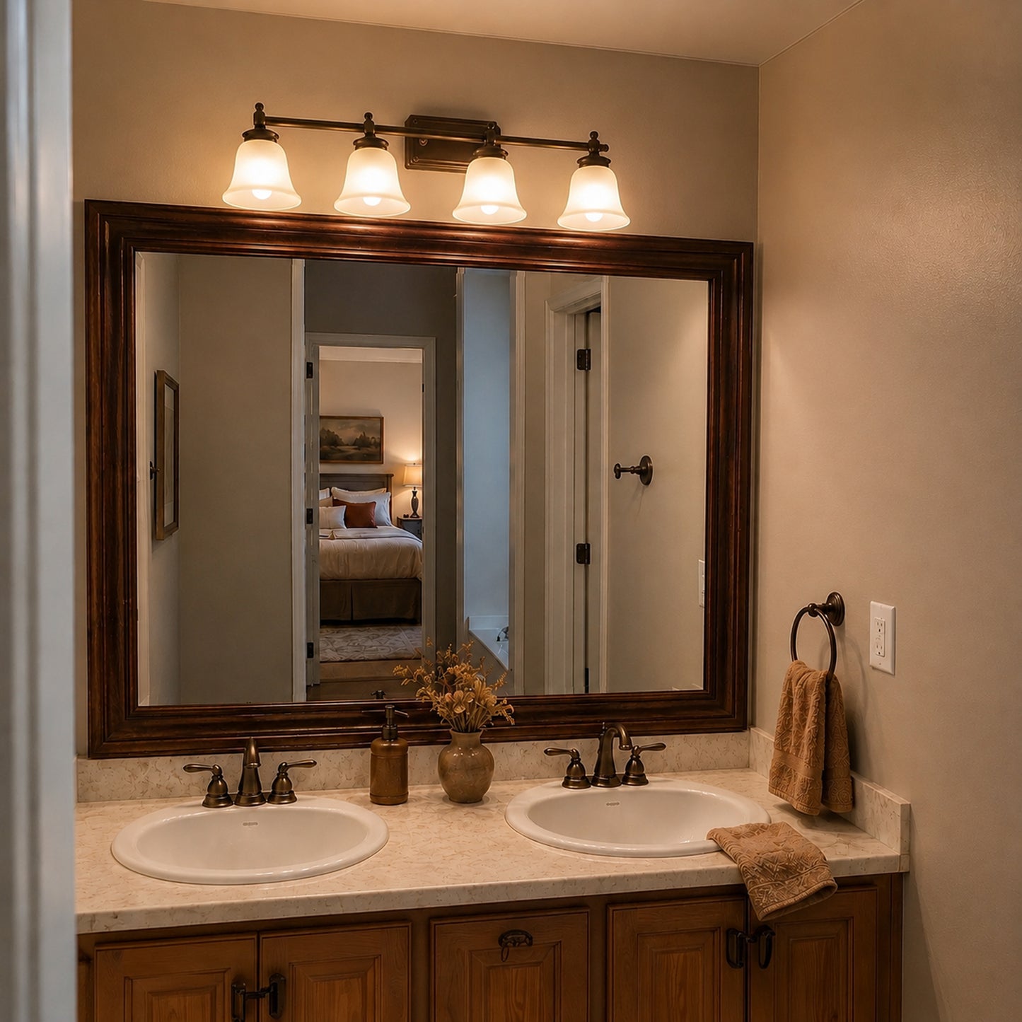 Hudson Antique Bronze MirrorMate bathroom mirror frame above a double vanity