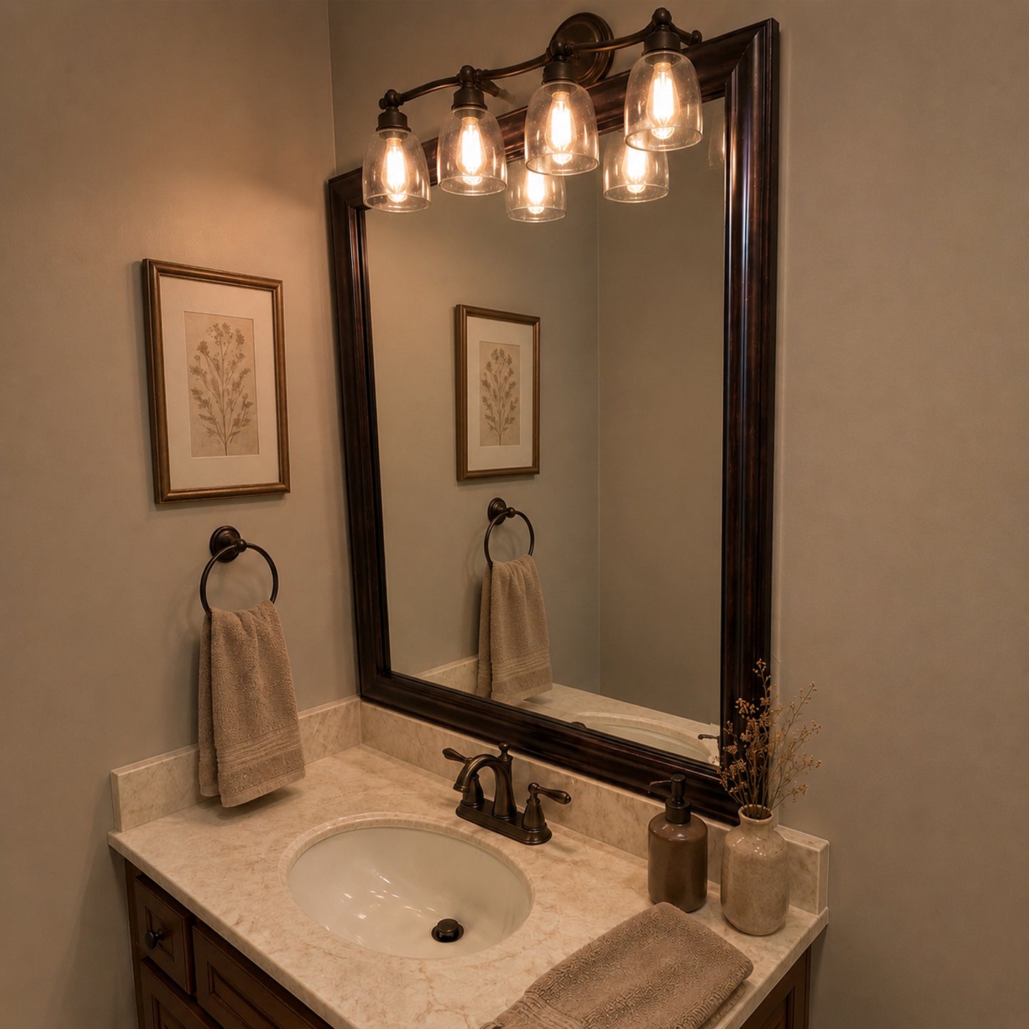 Hudson Antique Bronze MirrorMate bathroom mirror frame above a single vanity