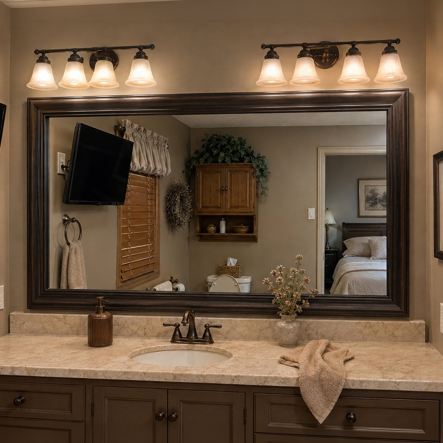 Hudson Midnight Steel MirrorMate bathroom mirror frame above a single vanity in a traditional bathroom