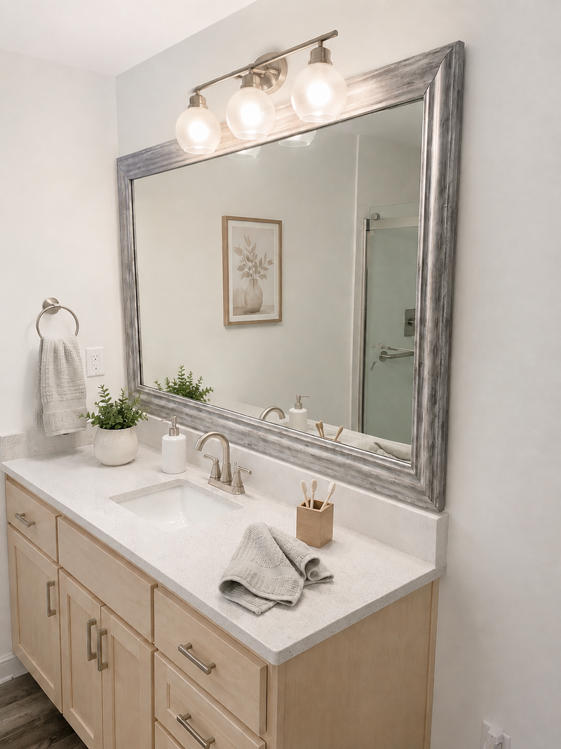 Hudson Silver Birch MirrorMate bathroom mirror frame above a light wood single vanity