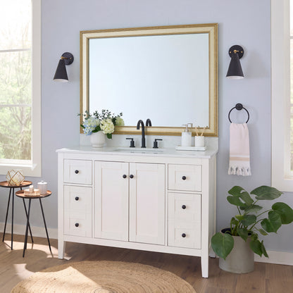 Kelso Gold Washed Silver MirrorMate frame on a bathroom vanity mirror