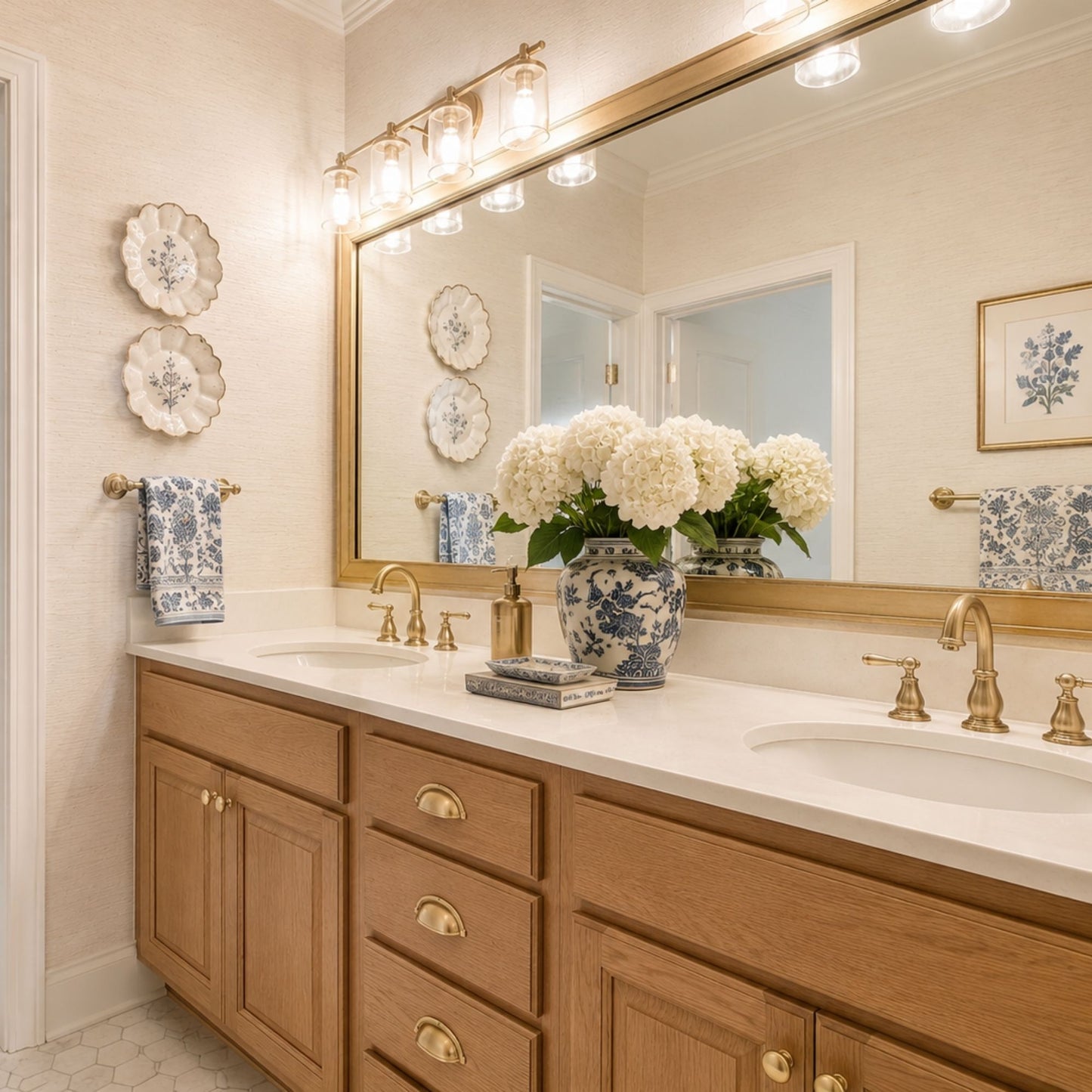 Kelso Gold Washed Silver MirrorMate bathroom mirror frame above a natural wood double vanity