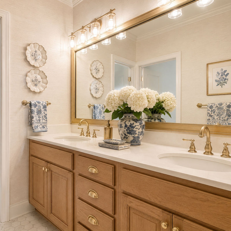 Kelso Gold Washed Silver MirrorMate bathroom mirror frame above a natural wood double vanity