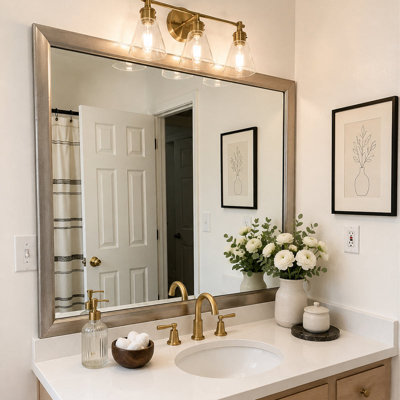 Pemaquid Old World Silver MirrorMate bathroom mirror frame above a light wood single vanity with a gold faucet
