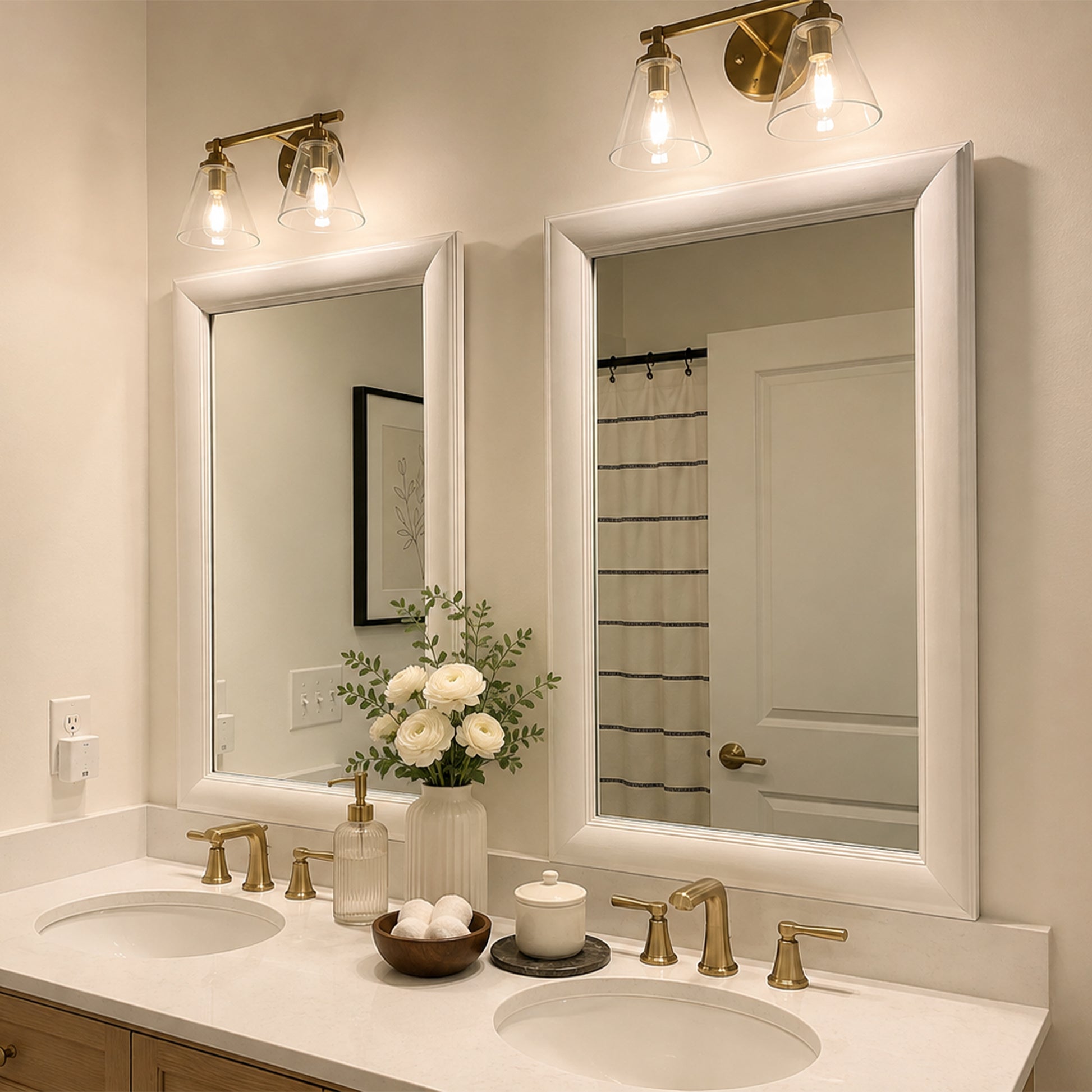 Two Pemaquid Porcelain White MirrorMate bathroom mirror frames above a double vanity