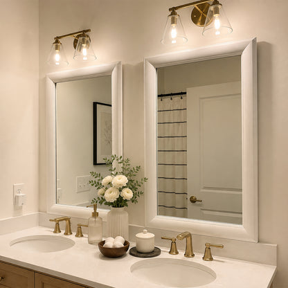 Two Pemaquid Porcelain White MirrorMate bathroom mirror frames above a double vanity