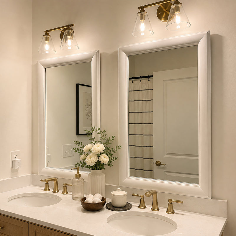 Two Pemaquid Porcelain White MirrorMate bathroom mirror frames above a double vanity