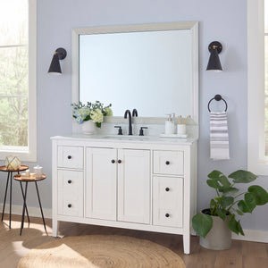 Portage Moonlight Silver MirrorMate frame on a bathroom vanity mirror