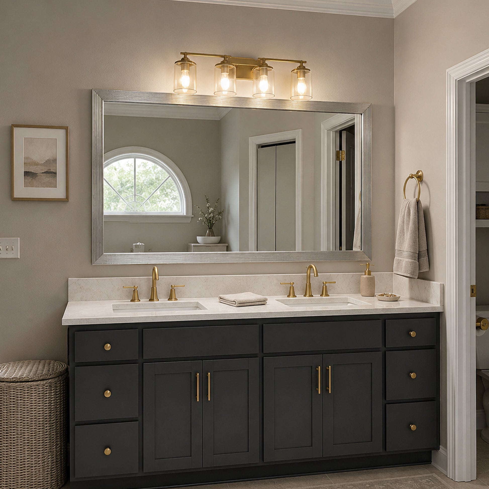 Portage Moonlight Silver MirrorMate bathroom mirror frame above a black double vanity