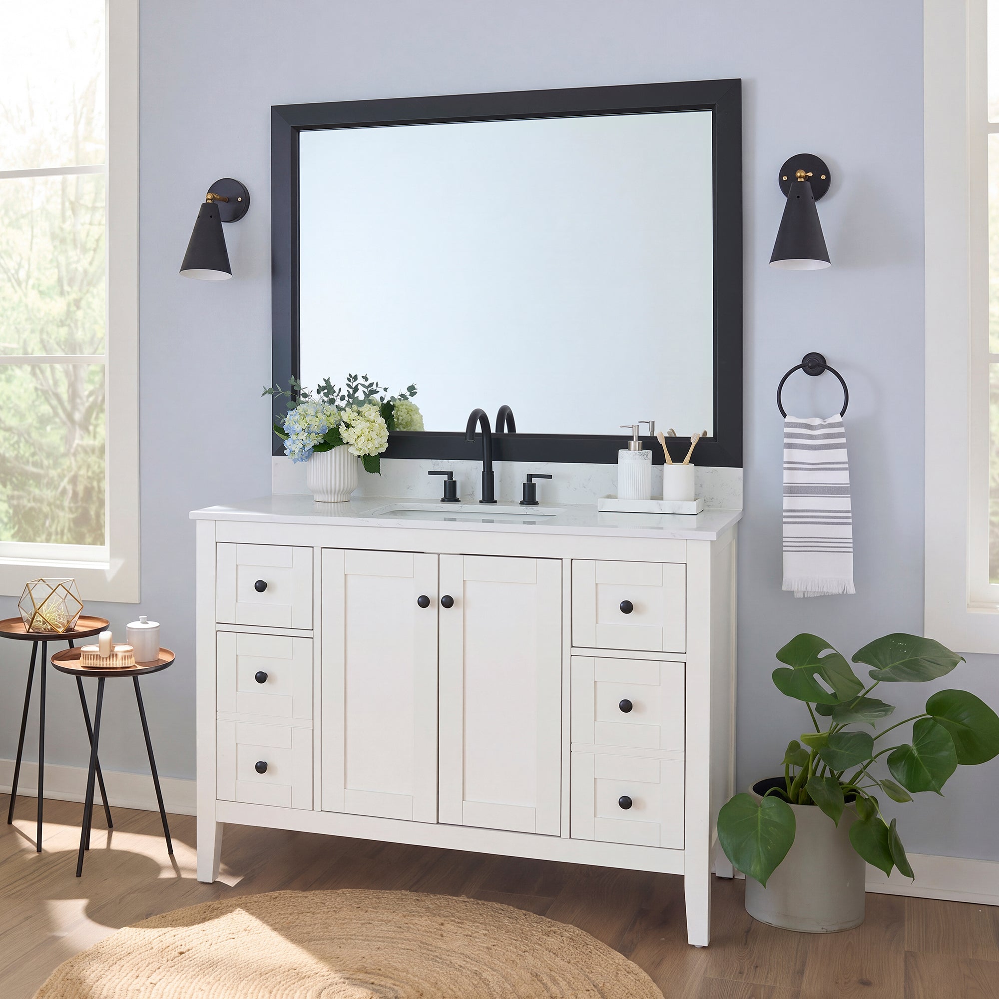 Soho Matte Black MirrorMate frame on a bathroom vanity mirror