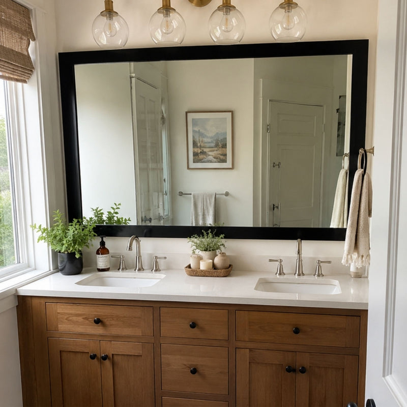 Soho Matte Black MirrorMate bathroom mirror frame above a natural wood double vanity