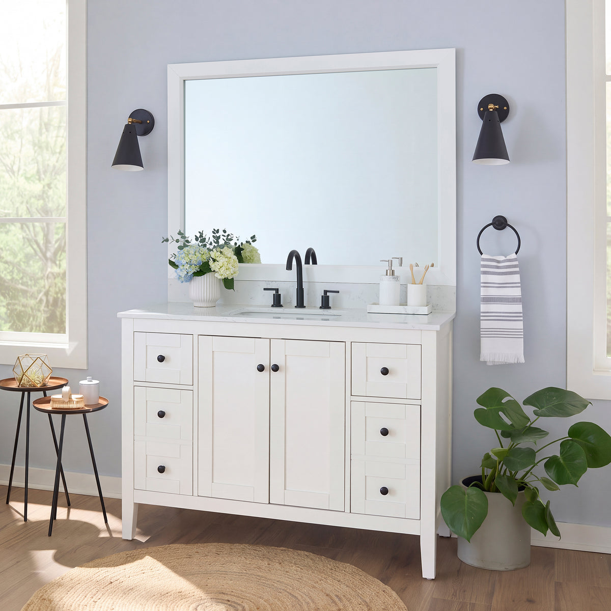 Soho Satin White MirrorMate frame on a bathroom vanity mirror