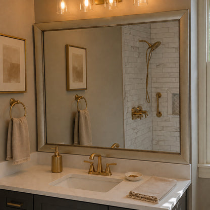 Solana Modern Gold MirrorMate bathroom mirror frame above a dark single vanity