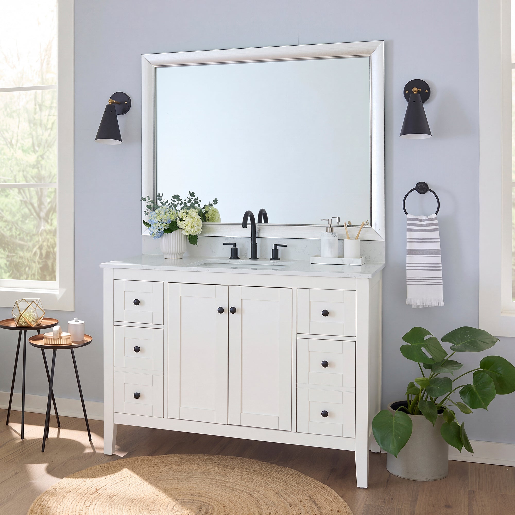 Solana Modern Silver MirrorMate frame on a bathroom vanity mirror
